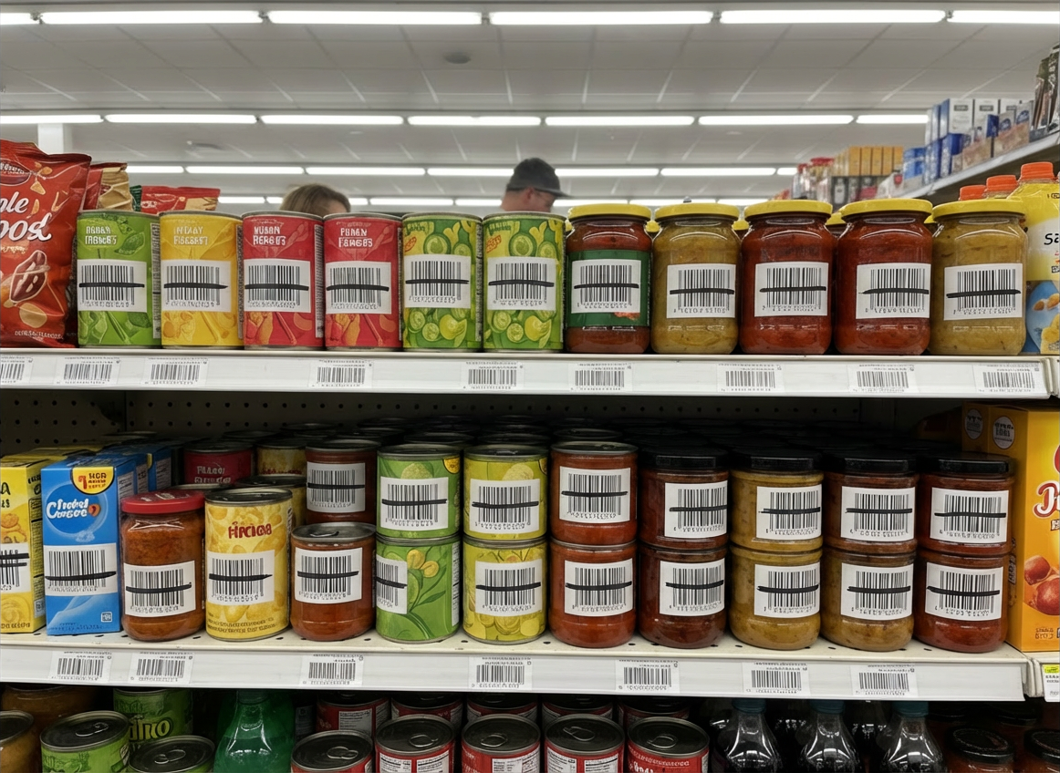 UPC barcode products on store shelves